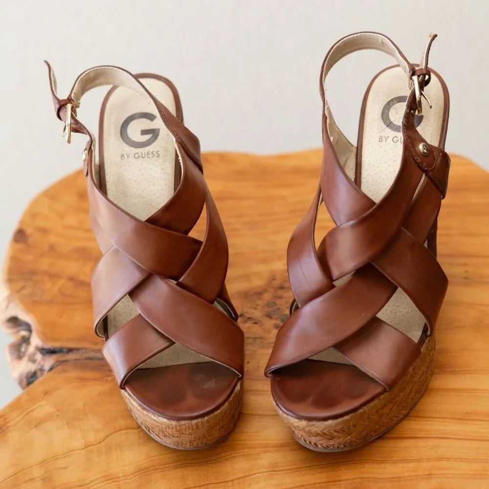 Guess G by Guess 8.5M Brown Cork Wedge Sandals Platform Strappy Heels - Picture 9 of 9